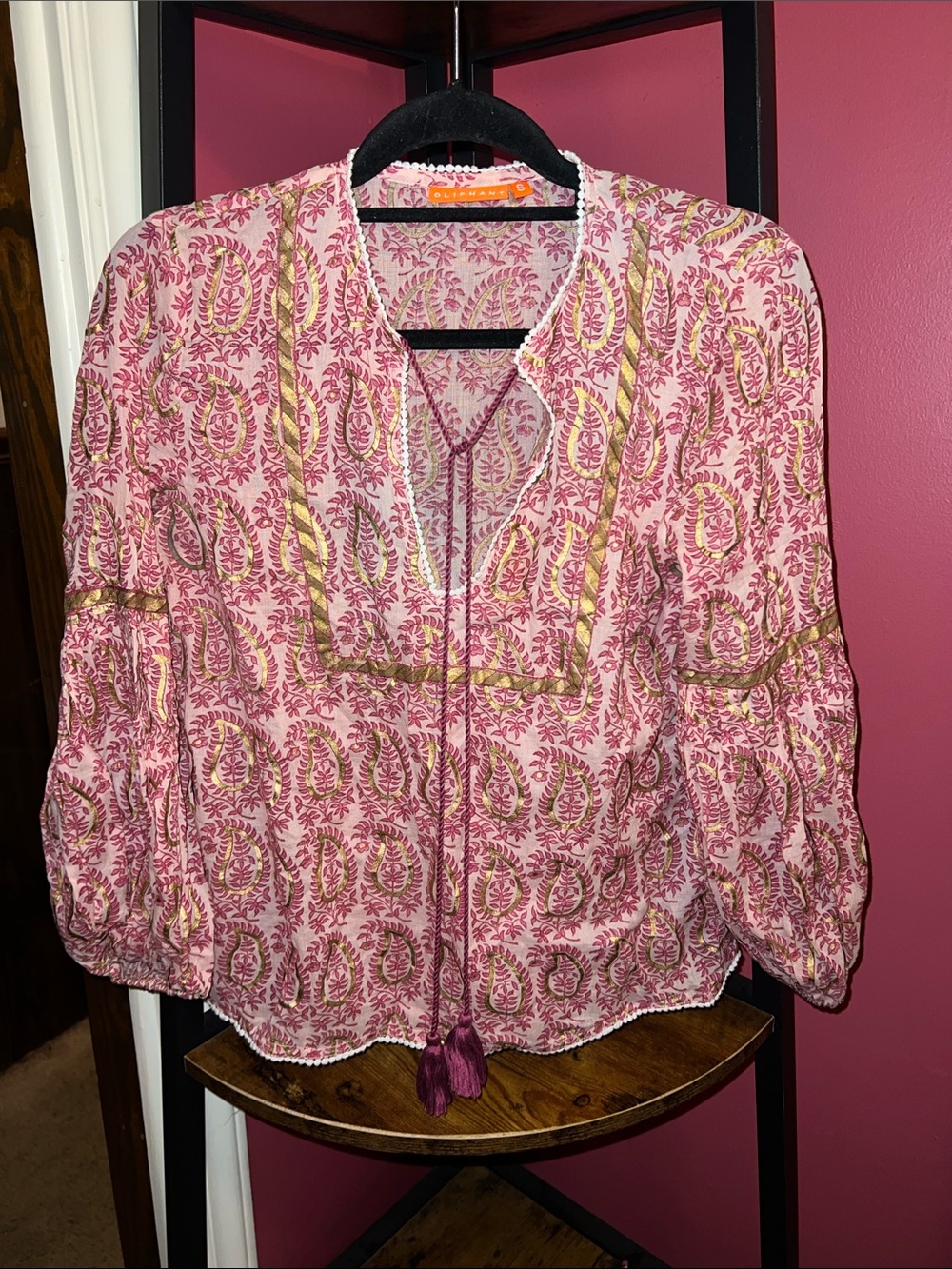Oliphant Pink and Gold Paisley Peasant Blouse with Tassel Tie